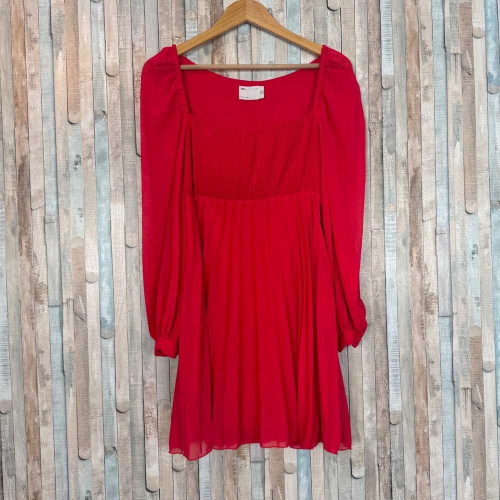 ASOS‎ Design Red Square Neck Long Puff Sleeve Pleated Mini Swing Chiffon Dress 6